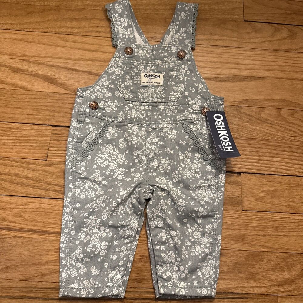 OSHKOSH B’GOSH Girls 3M  Months Floral Overalls 100% Cotton Green NWT
